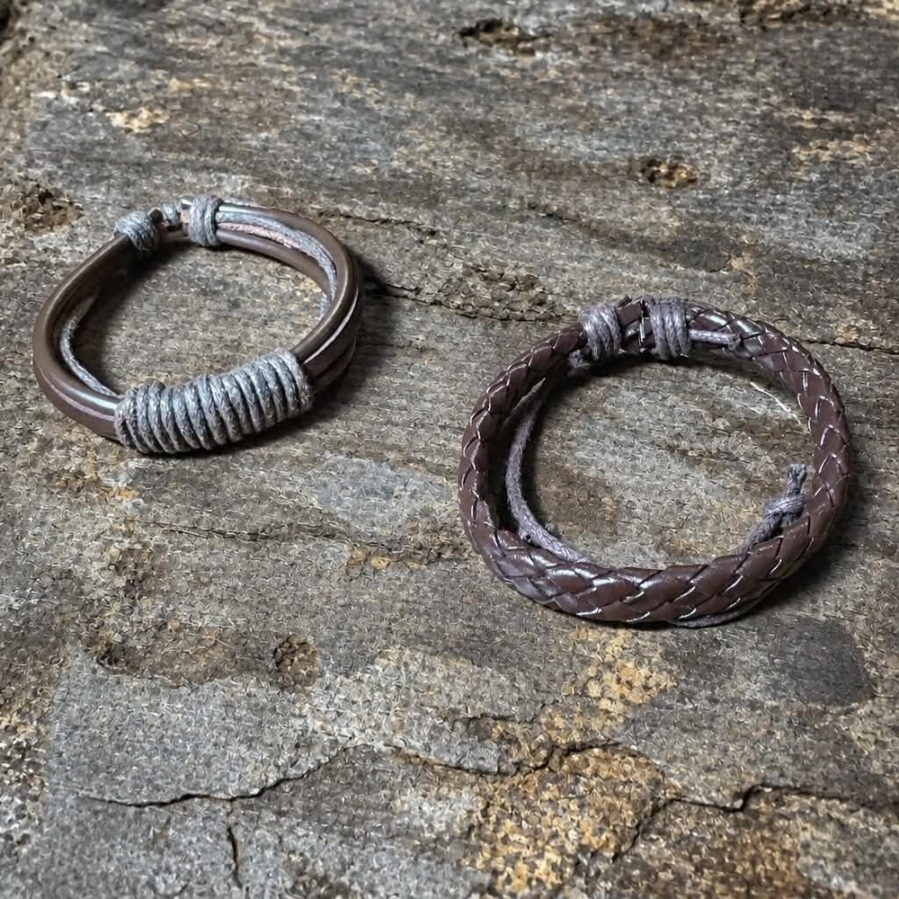 2 Pc Set Brown Leather Braided Hemp Cord Friendship Couples Bracelets New Unisex